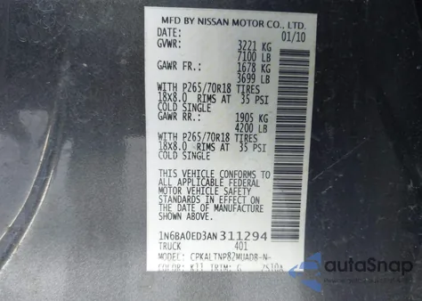 2010 Nissan Titan Se from USA, damaged, VIN 1N6BA0ED3AN311294